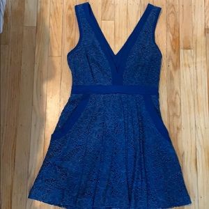 deep V blue lace dress with back cutout